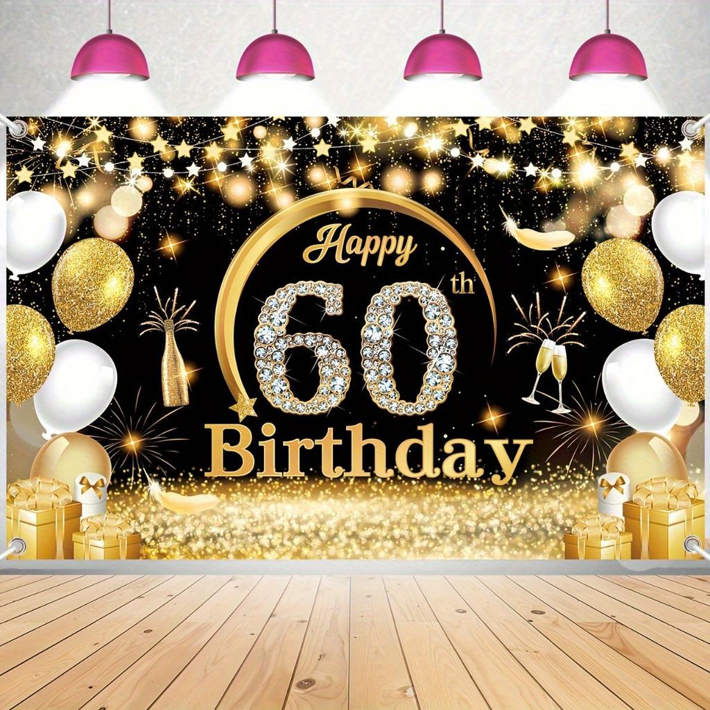 A black background cloth for a "Happy 60th Birthday" photography birthday party item