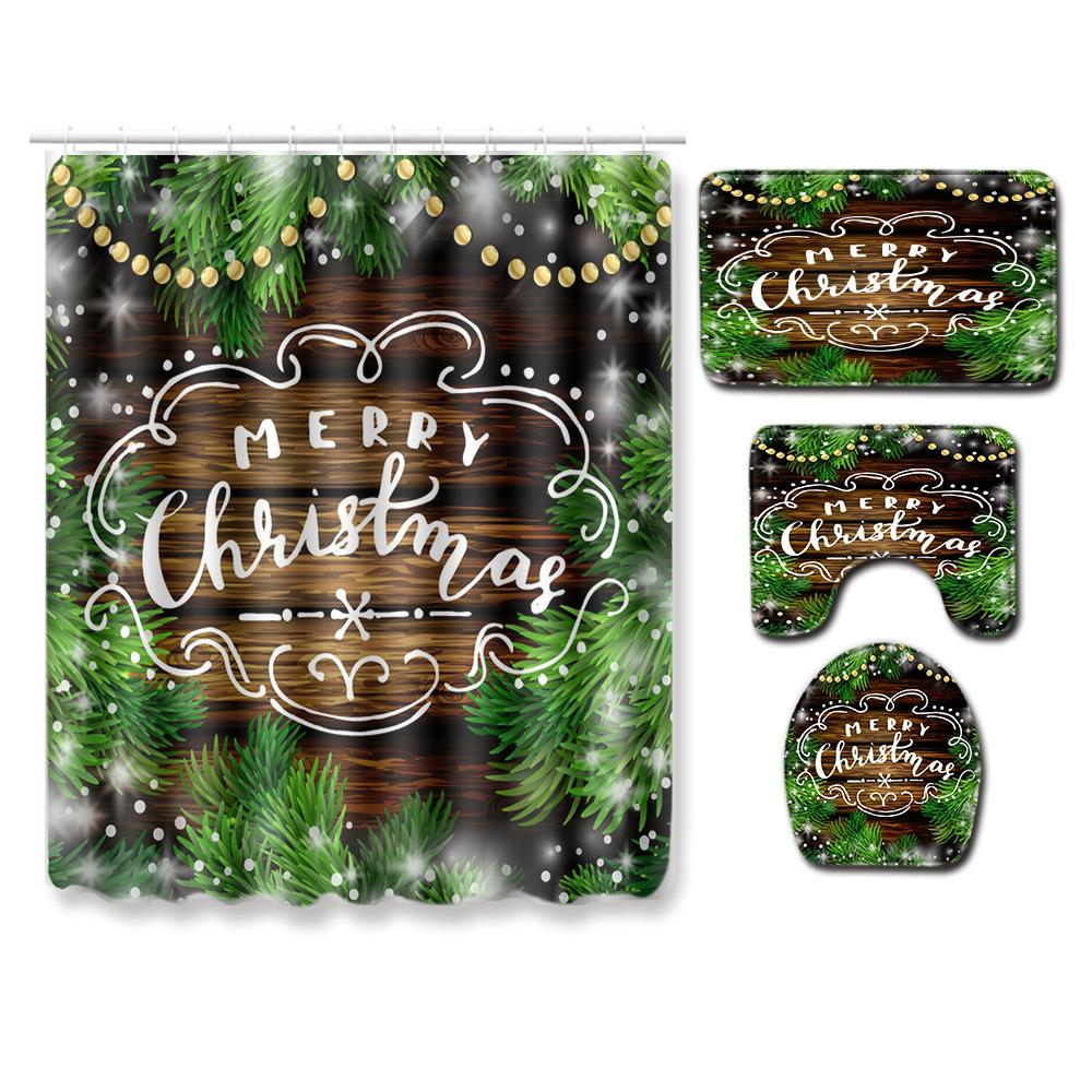 Christmas Shower Curtain Floor Mat Combination Four-Piece Set Bathroom Toilet Carpet Shower Room Mat Foot Mat