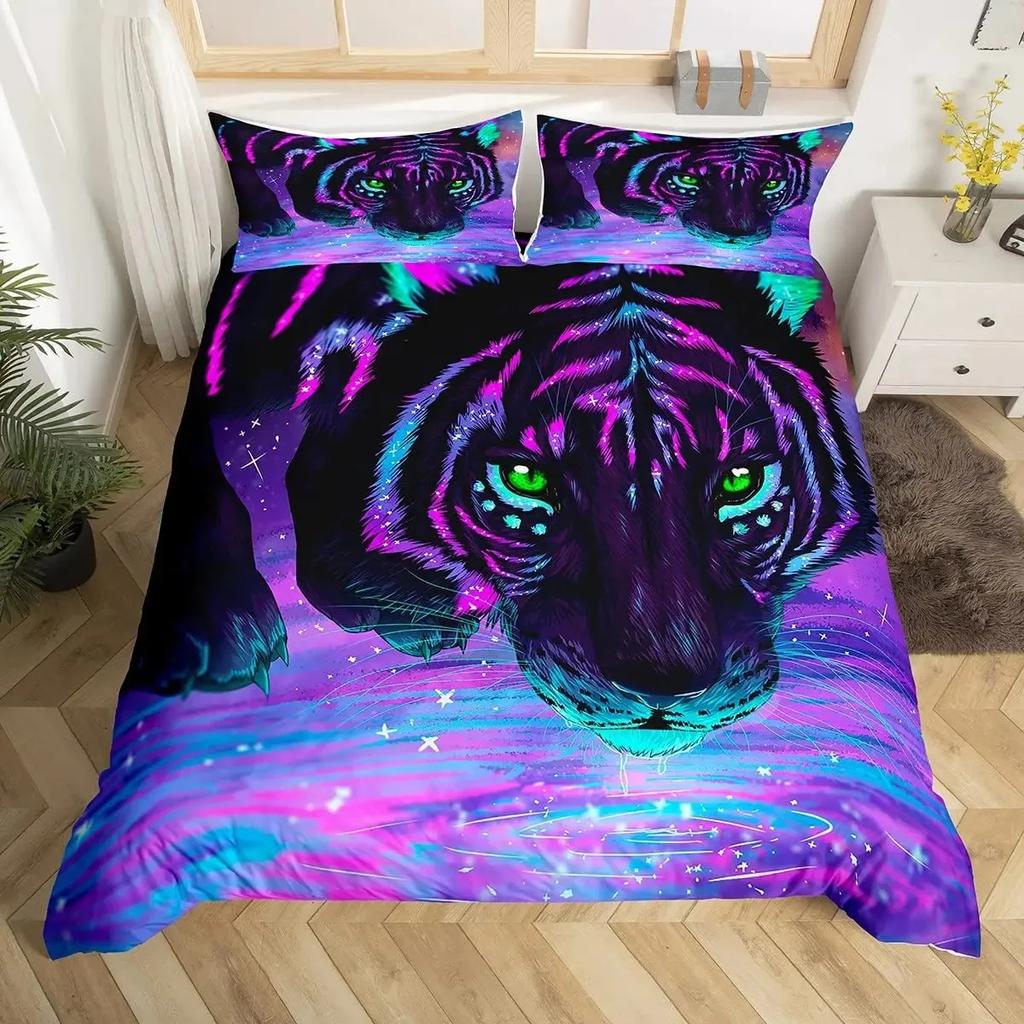 Tiger Duvet Cover Sets Full Size King Size,African Animals Bedding Set,Tropical Wild Animal Comforter Cover Quilt Cover