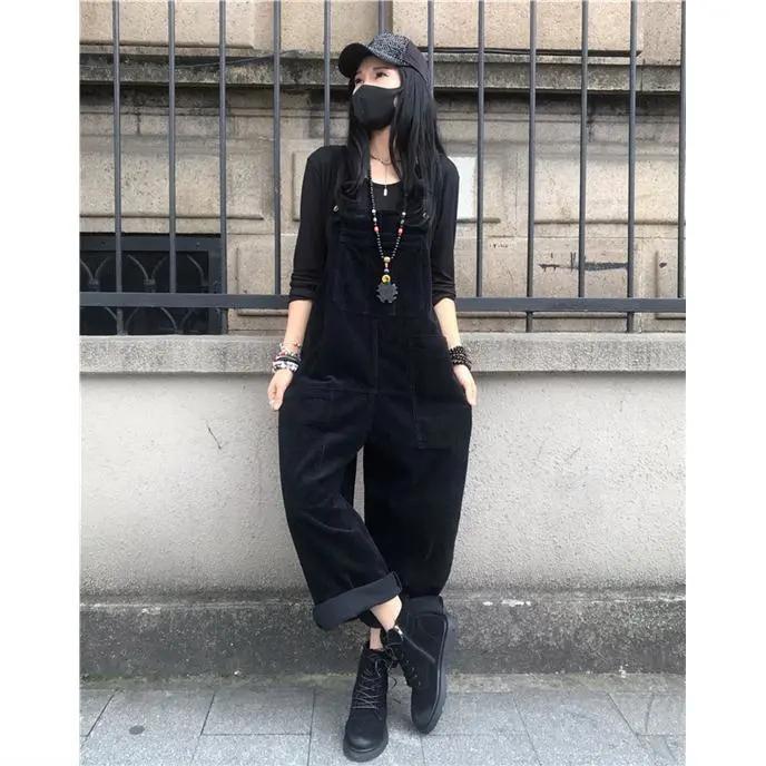Осенние комбинезоны однотонные широкие женские повседневные комбинезоны на бретелях с подтяжками винтажные вельветовые комбинезоны Overszie