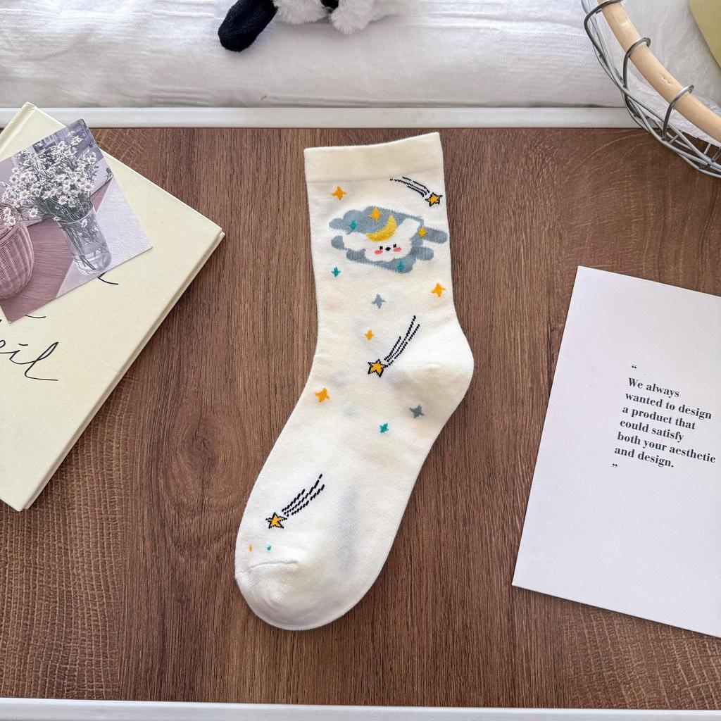 Женские милые носки до середины икры с щенками - Весенне-летние в стиле академии с дизайном японской мультяшной звезды - Корейские студенческие хлопковые носки