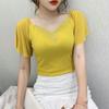 New Summer Hot Diamond Slim T-shirt for Women Short-sleeved Mesh Spliced V-neck Top