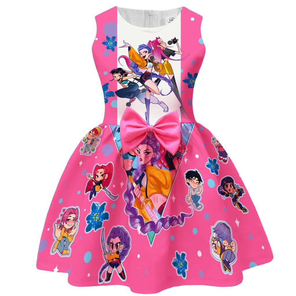 Kids Girls Anime Cartoon KPop Super Star Singer Printed Sleeveless Bow Casual Party Princess Dress Halloween Cosplay Costumes