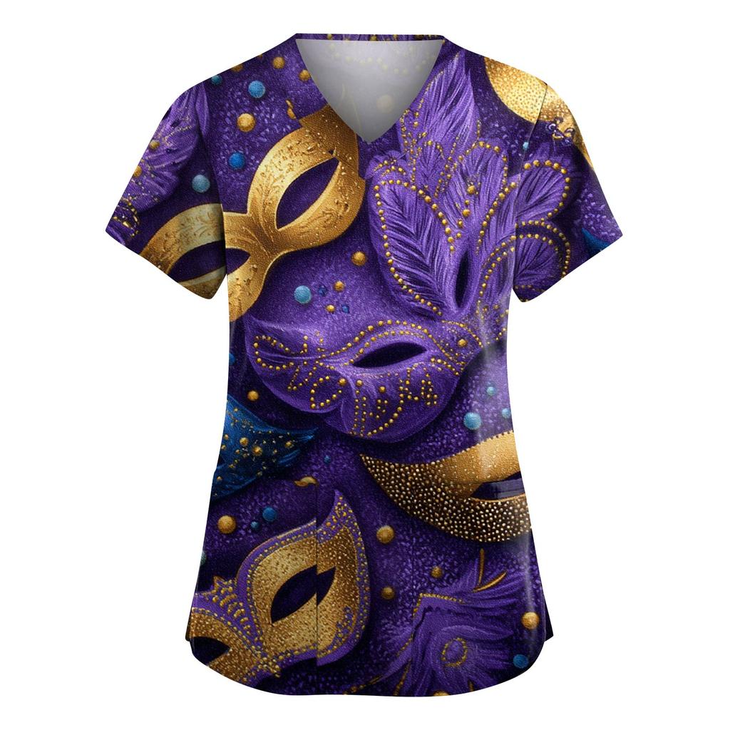 Женская модная рабочая одежда с V-образным вырезом и короткими рукавами, с карманами, топ с карнавальным принтом, униформа для сиделки