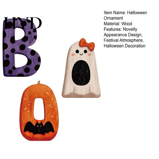 Small Halloween Figurine 3Pcs/Set Wooden Statues, Letter Bat Pumpkin Ghost with Bowknot Deisgn, Desktop Decor Ornaments, Holiday Party & Scene