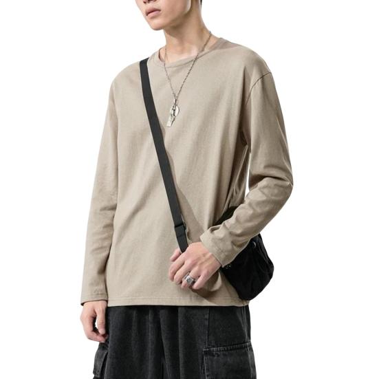 Мужская рубашка с круглым вырезом и длинным рукавом, мягкая дышащая футболка, однотонная, свободный крой, весна-лето, повседневные топы