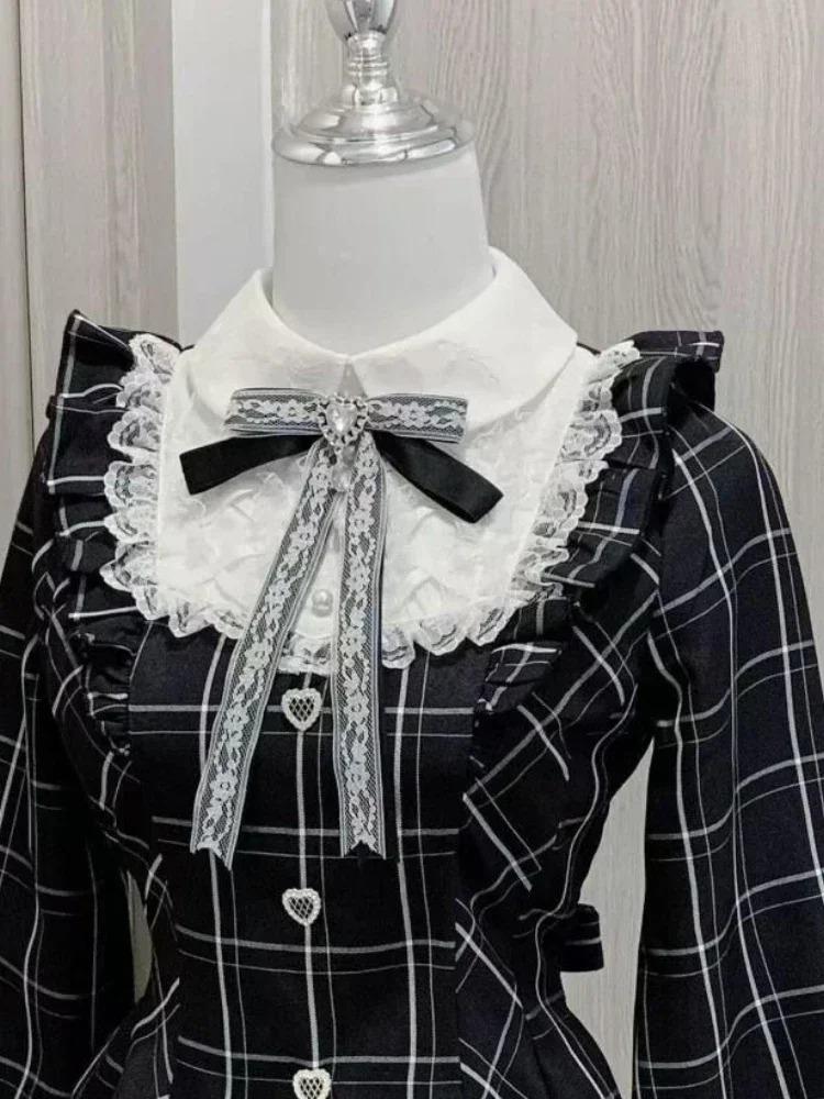 Платья в клетку Harajuku Sweet Bow Black, универсальное облегающее платье в стиле кавайной Лолиты для женщин, осеннее платье с длинными рукавами