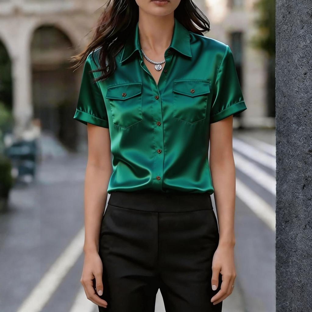 Women's Elegant Satin Short-Sleeve Blouse With Double Pockets