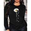 Women's Spring and Autumn Fashion Comfortable Long Sleeve White Sunflower Pattern 3D Printed Round Neck T-shirts