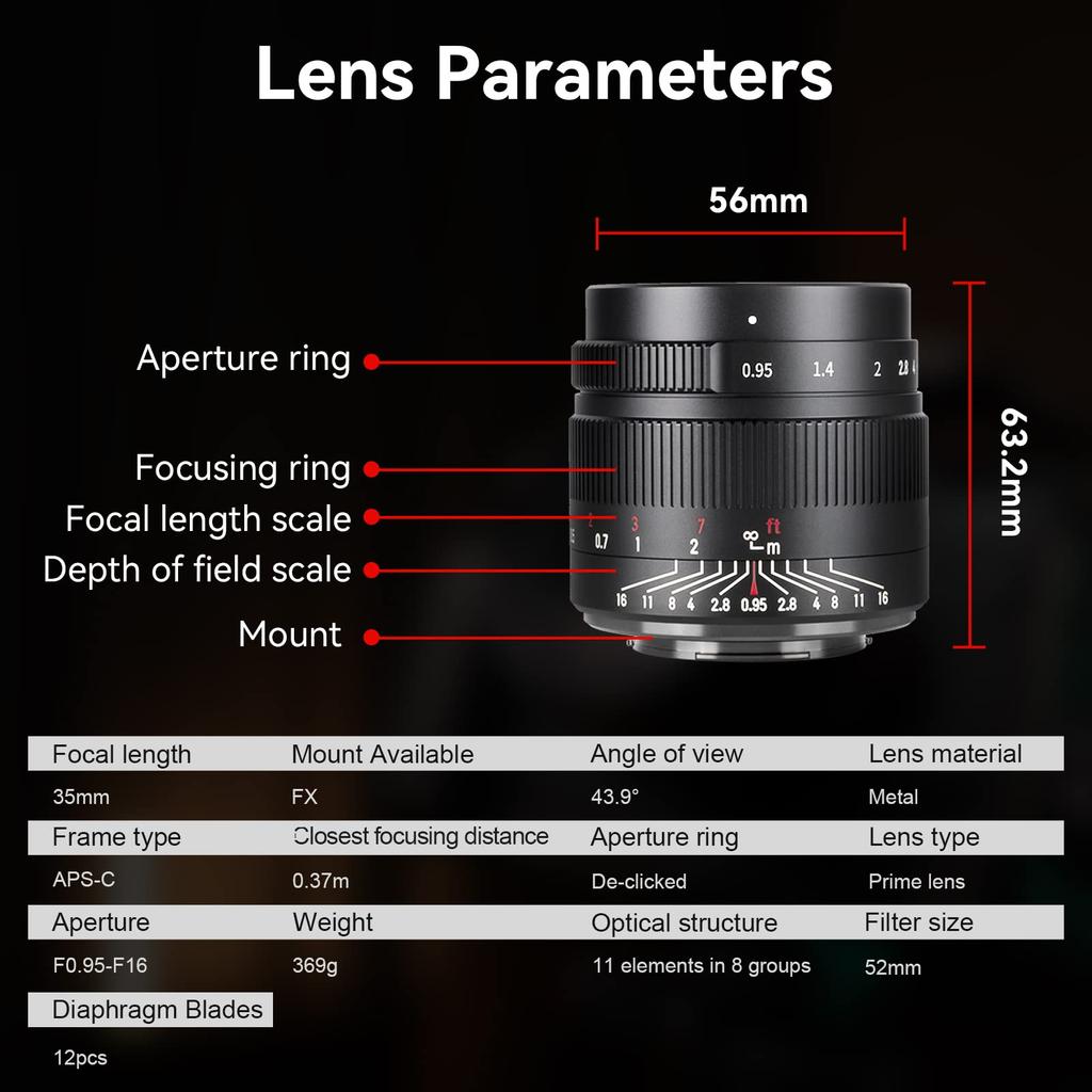 7artisans 35mm Prime Lens for Fujifilm and Mirrorless Compact Cameras f0.95 X-Mount X-T1, X-T2, X-T3, X-T20, X-T30, X-E1, X-E2, X-E3 Large-Aperture