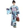 RAVIR Yukata White with Dark Morning and Dusky Blue Camellia Includes a Fluffy Obi Belt and One Size Fits Women's 3-Piece Set Blue, Glory, Patterns.