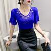 2023 Summer V-Neck Lace Mesh T-Shirt with Lotus Leaf Sleeves for Women