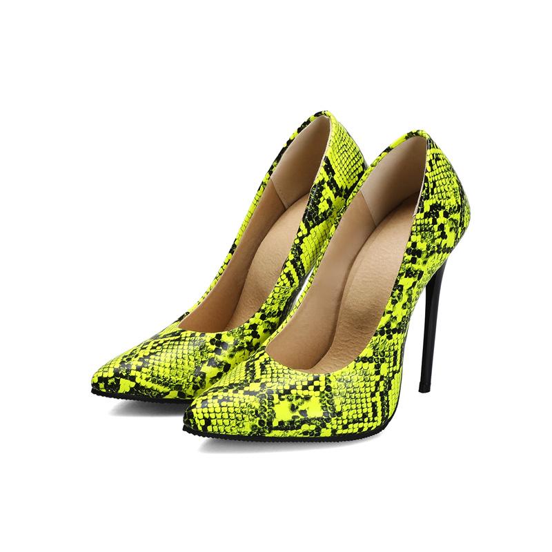 Модные туфли на высоком каблуке 12 см, женские туфли-лодочки, зеленые, желтые, со змеиным принтом, женские туфли на каблуке для офиса, женские, большого размера 45 47