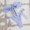 New swimsuit women's blue and white striped tube top bikini fungus edge strap sexy split vacation swimsuit