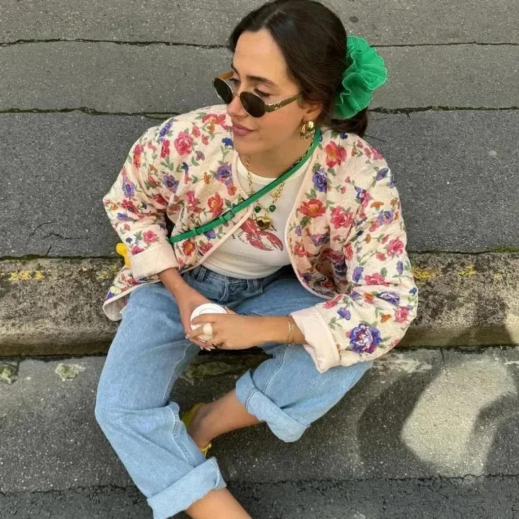 Women Floral Print Cotton Jacket 2024 New Elegant O Neck Full Sleeve Pockets Lightweight Quilted Coat Autumn Winter Lady Outwear