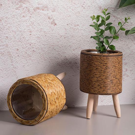 Rattan Woven Planter Pot Indoor Outdoor Flowerpot with Legs Handmade Cactus Succulent Plants Holder Container Home Balcony Garden Decoration