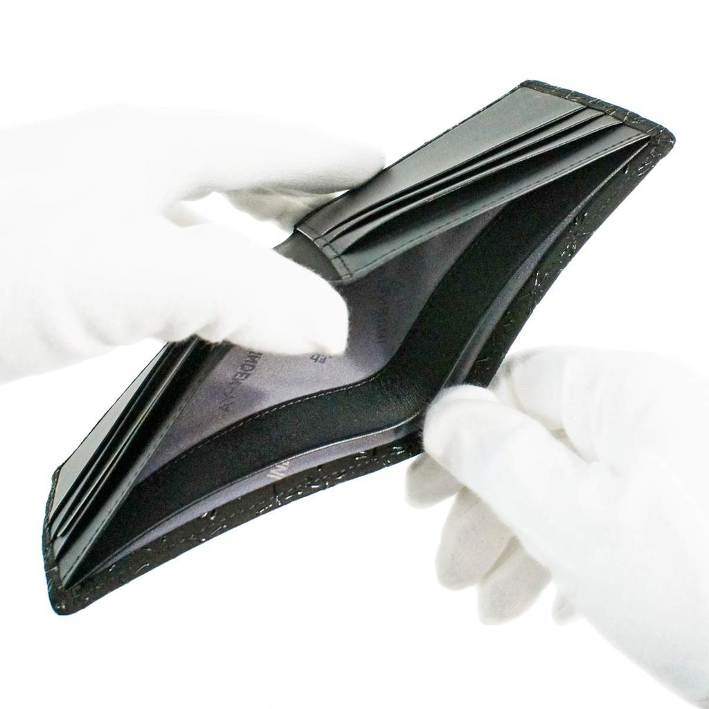 [Inden-ya] Кошелек-портмоне Inden, Отделение для купюр I, Без монетницы, Оленья кожа, Черный с черным лаком, Рисунок «Стрекоза», 2005-01-008