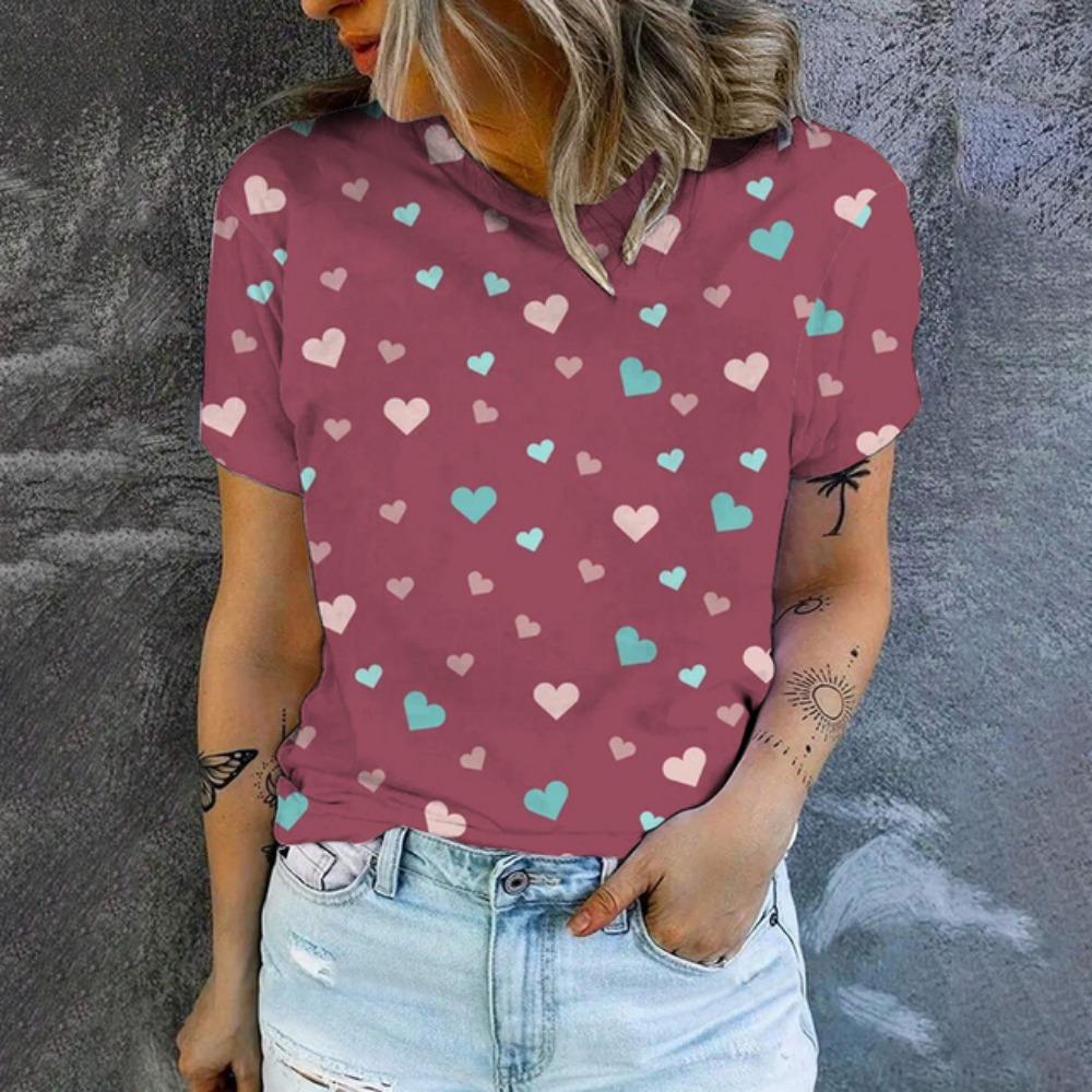Женская футболка, модная розовая футболка с принтом в виде сердца, женская футболка для отдыха с коротким рукавом, популярная футболка лета 2024 года