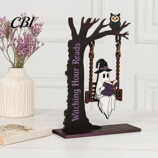 Office Desk Decoration Items Halloween Desktop Swing Decor, Spooky Home Reading Ghost on A Figurine Unique Wooden Craft Gifts for Living Room Kitchen