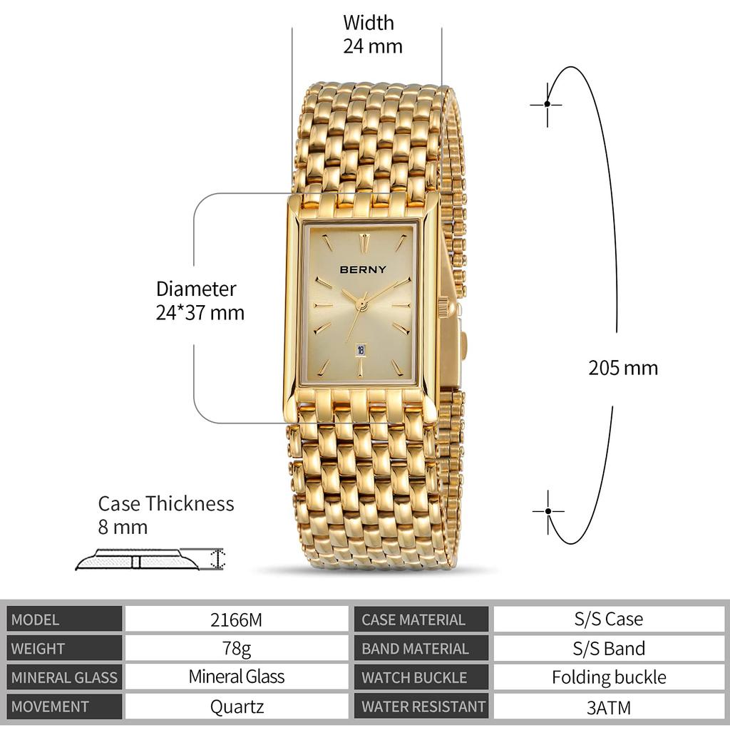 BERNY Watch Watch Gold Watch for Men Japanese Quartz Movement with Calendar Window Waterproof Watch Luxury Casual Fashion Men's Men's Men's