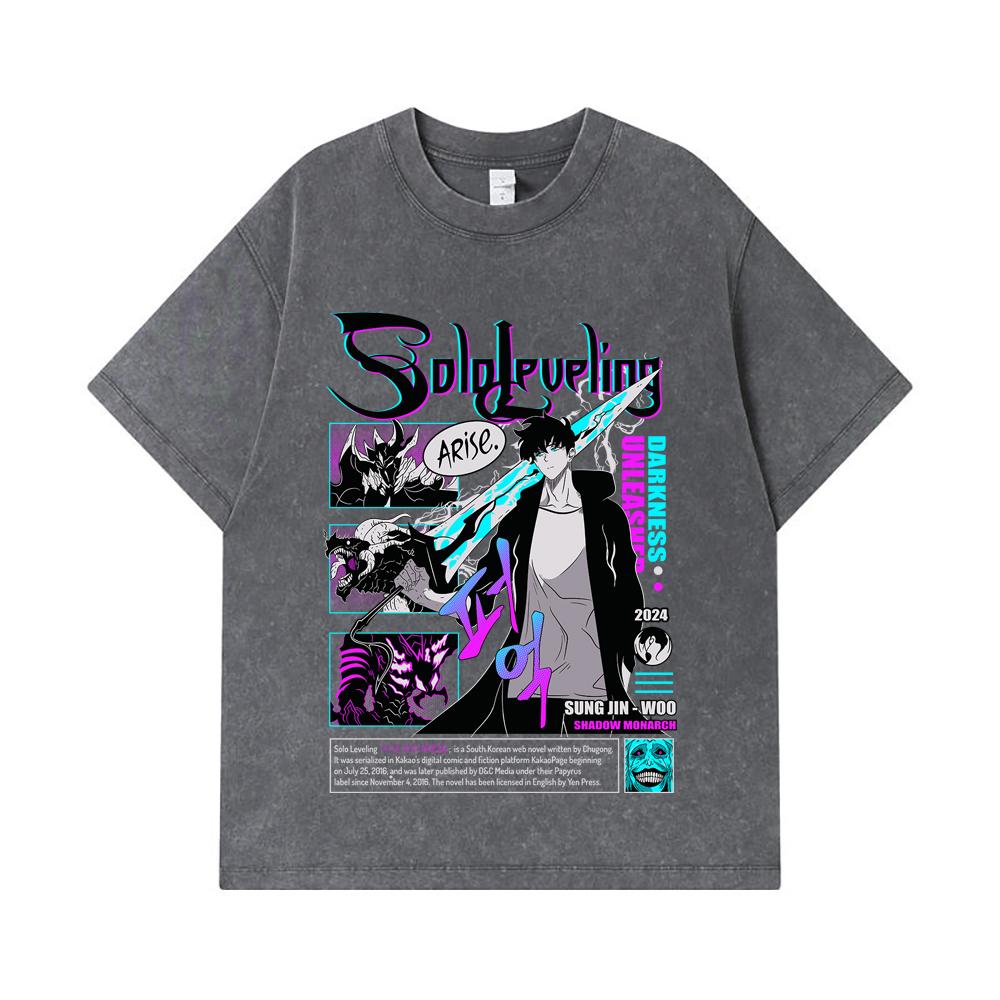 GSM Washed Tshirts Cotton Solo Leveling V Arise Print Unisex Heavy Cotton T Shirt