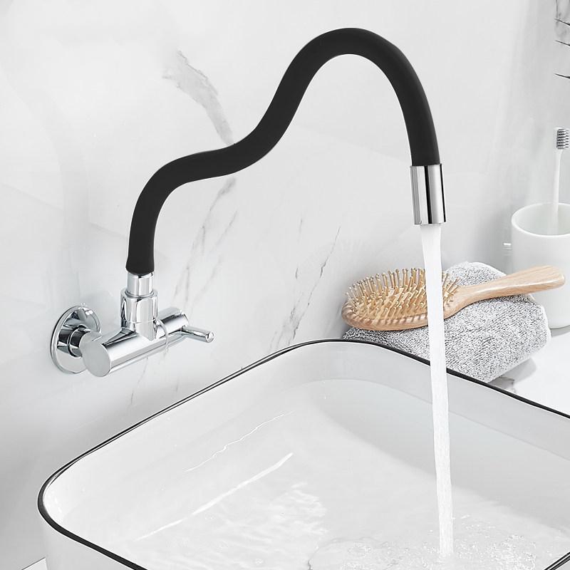 Wall Mount Brass Kitchen Faucet Flexible Black Silicone Spout Chrome Finish Modern Design Single Cold Water Tap 3-Year Warranty