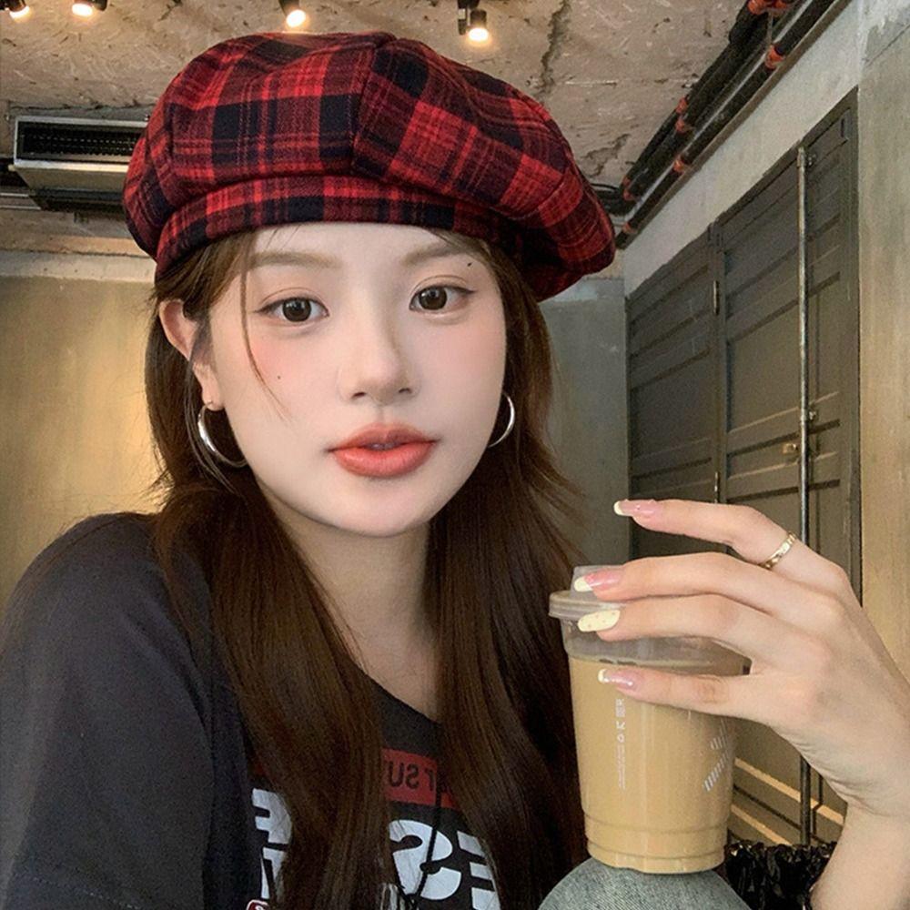 Японский клетчатый берет шляпа красный ретро шляпа художника винтажный Y2k берет шляпа женский