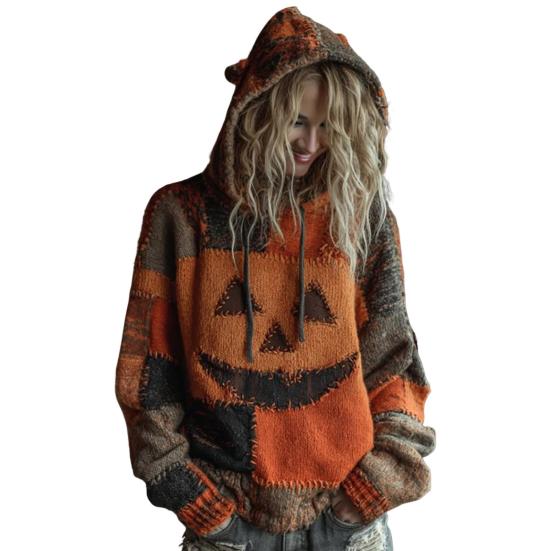 Свитер из имитации кашемира с капюшоном, с длинным рукавом, с узором кота-призрака на Хэллоуин, свитер с ретро-принтом, свободного кроя, с потертостями, вязаный худи