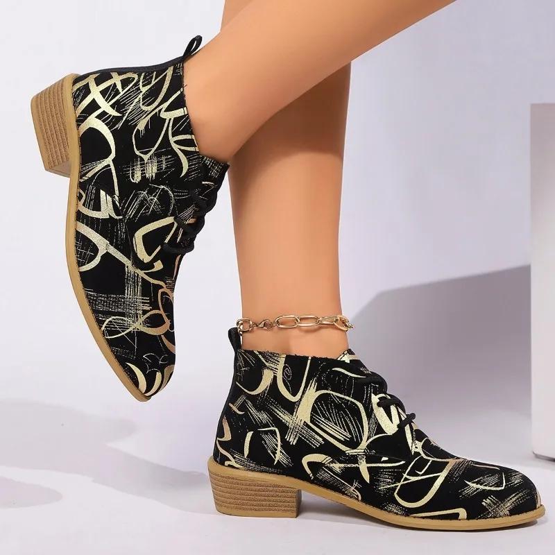 2024 Горячая Распродажа Обувь Женская На шнуровке Женские Туфли Осень Острый носок Смешанные цвета Уличная Повседневная Короткий голенище Блочный каблук Обувь