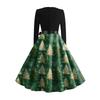 Women's Fashion Round Casual Slim Fit Christmas Print Large Swing Long Sleeve Dress