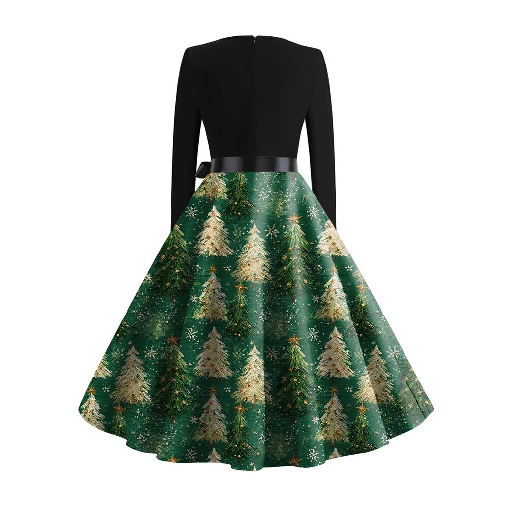 Women's Fashion Round Casual Slim Fit Christmas Print Large Swing Long Sleeve Dress
