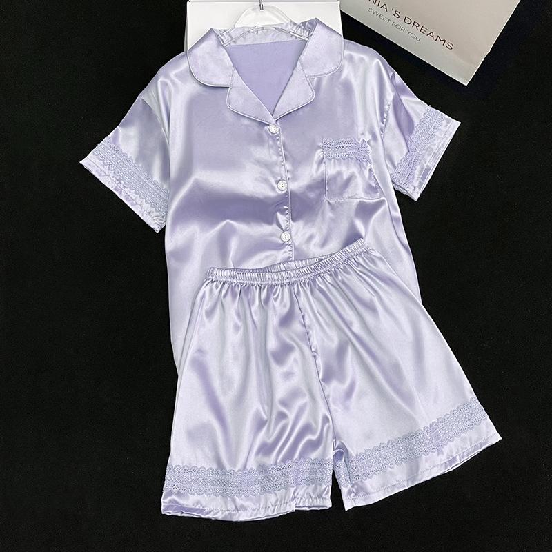 Solid Color Ice Silk Pajamas Women'S Summer Thin Foreign Style High-Value Short-Sleeved Loungewear Two-Piece Set Can Be Worn Outside