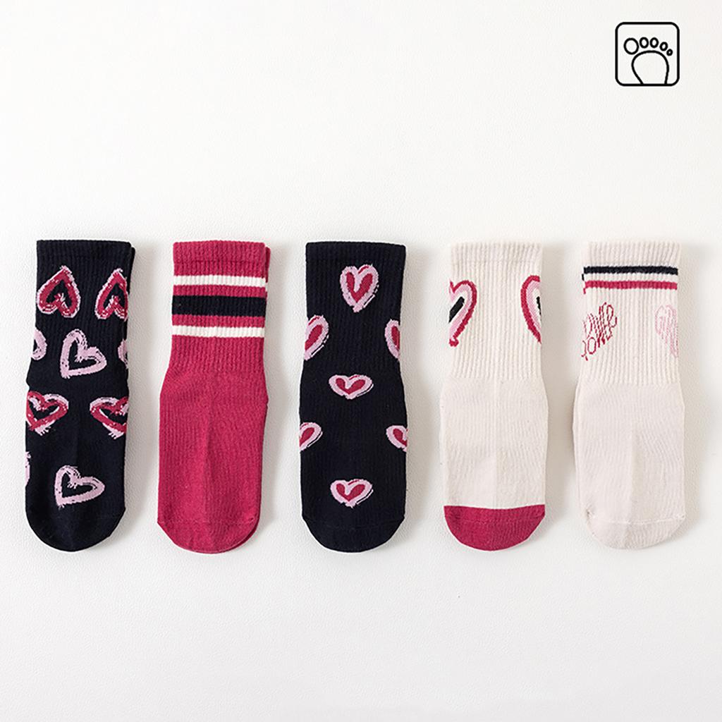 5 Pairs Kids Heart Striped Floor Socks Non Slip Mid Tube Warm Home Socks For Girls Medium And Large Size Wear Resistant