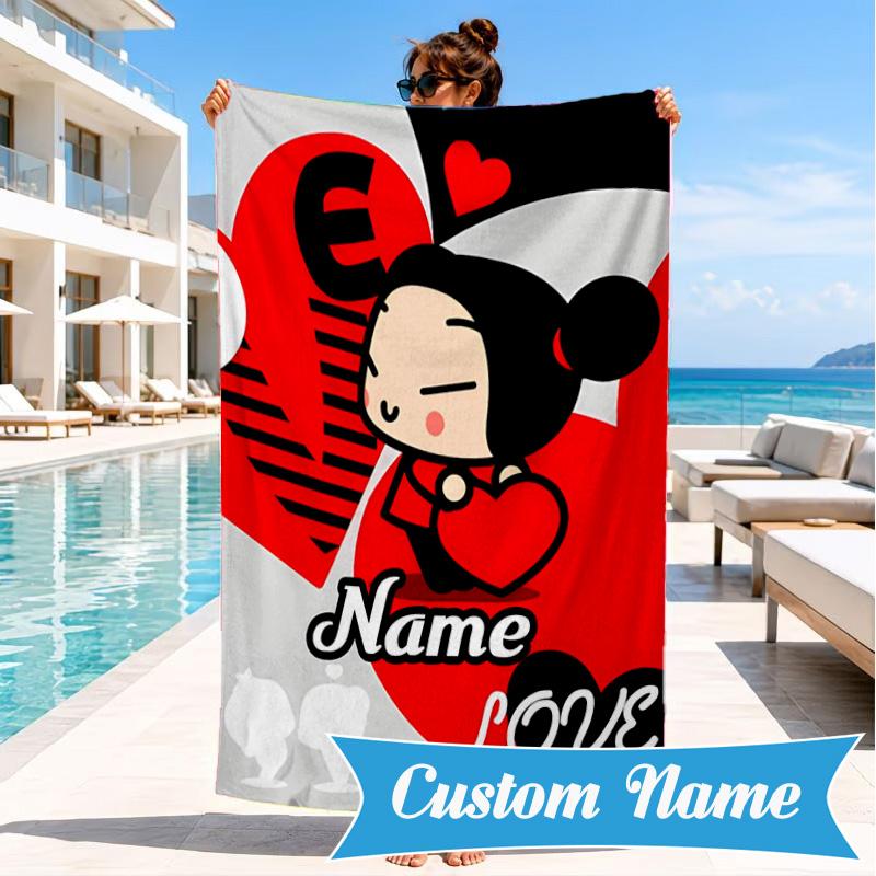 Custom Name Love Heart Beach Towel Microfiber Beach Towel, Lightweight and Quick-Dry, for Summer Travel, Swimming Pool Gift