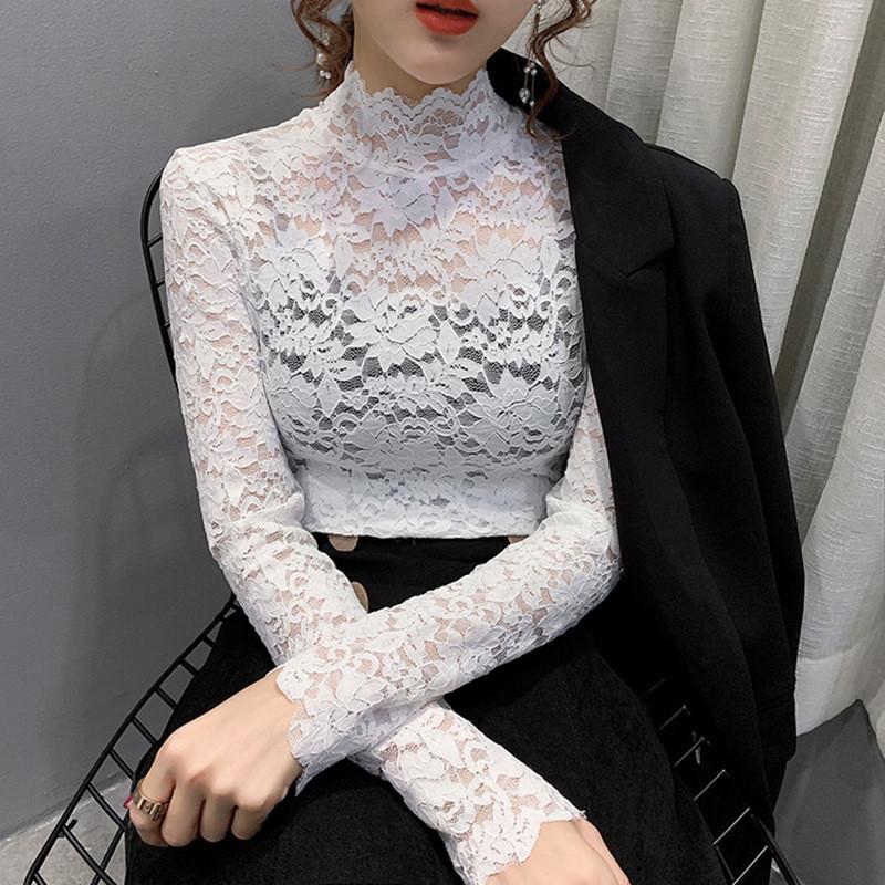 Hollow Lace Bottoming Shirt Slim Fit Long Short-sleeved T-shirt Women's Top Half Turtleneck Slim Fit