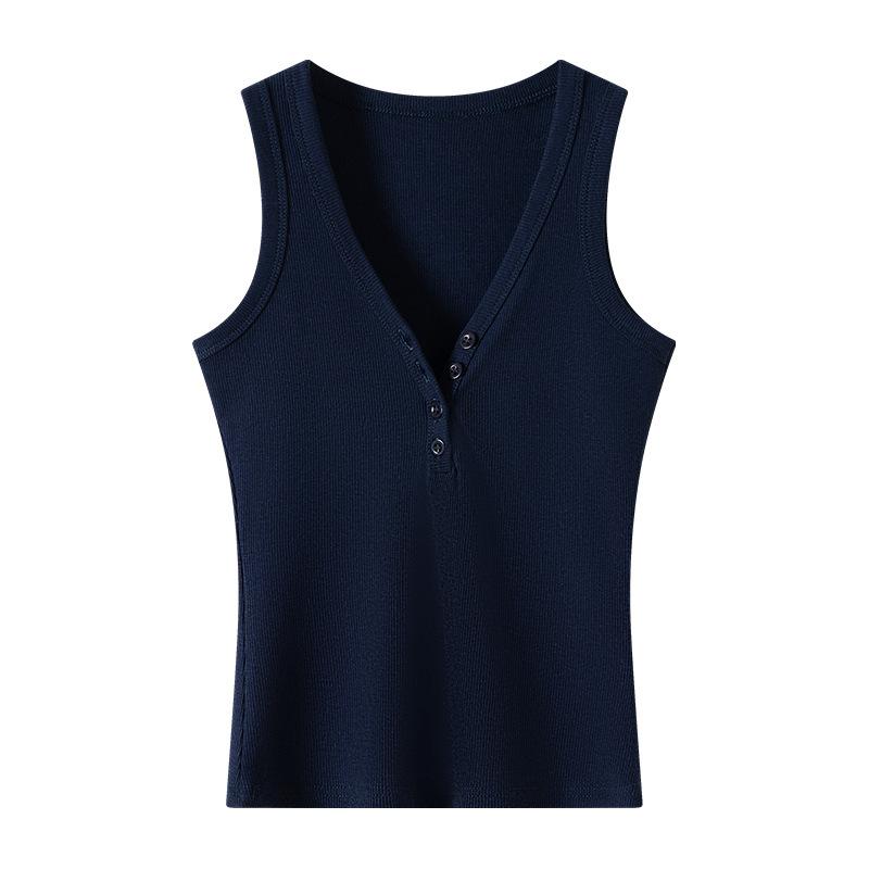 Ribbed Button V-Neck Camisole,New Arrival Women Slim Fit Cotton Basic Sleeveless Layering Tank Top