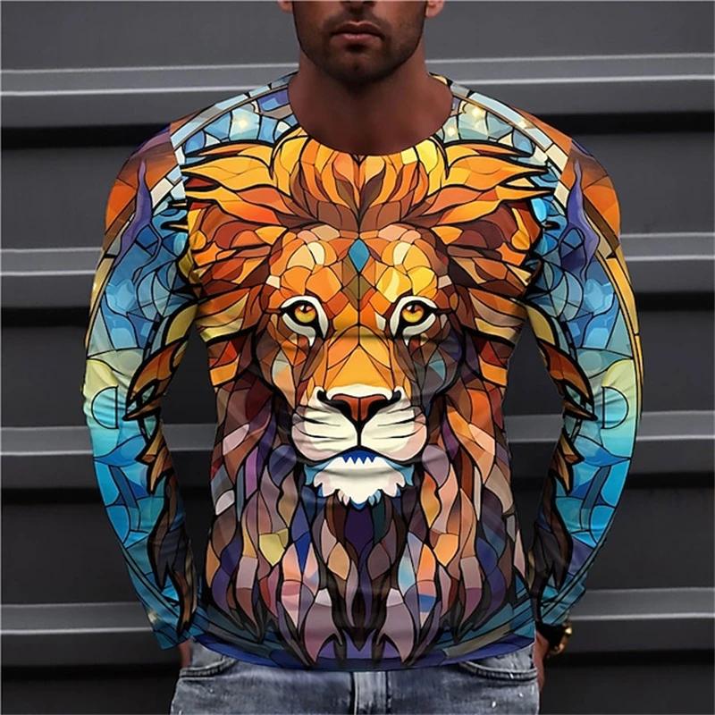 Мужская футболка с длинным рукавом Тигр Лев Животное 3D-принт Уличные топы Градиентный узор Повседневный Длинный рукав Круглый вырез Оверсайз Топы