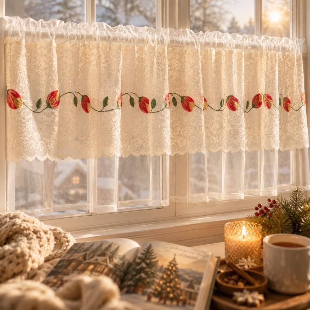 Sheer Voile Floral Lace Curtains Lace Trim Embroidered Curtains Room Partition Curtain Kitchen