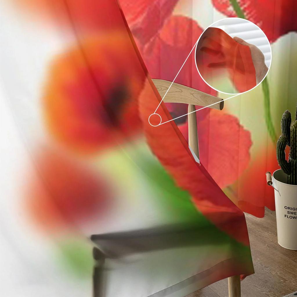Poppies White Background Tulle Curtain For Living Room Sheer Valance Curtain For Kitchen Bedroom Window Drapes