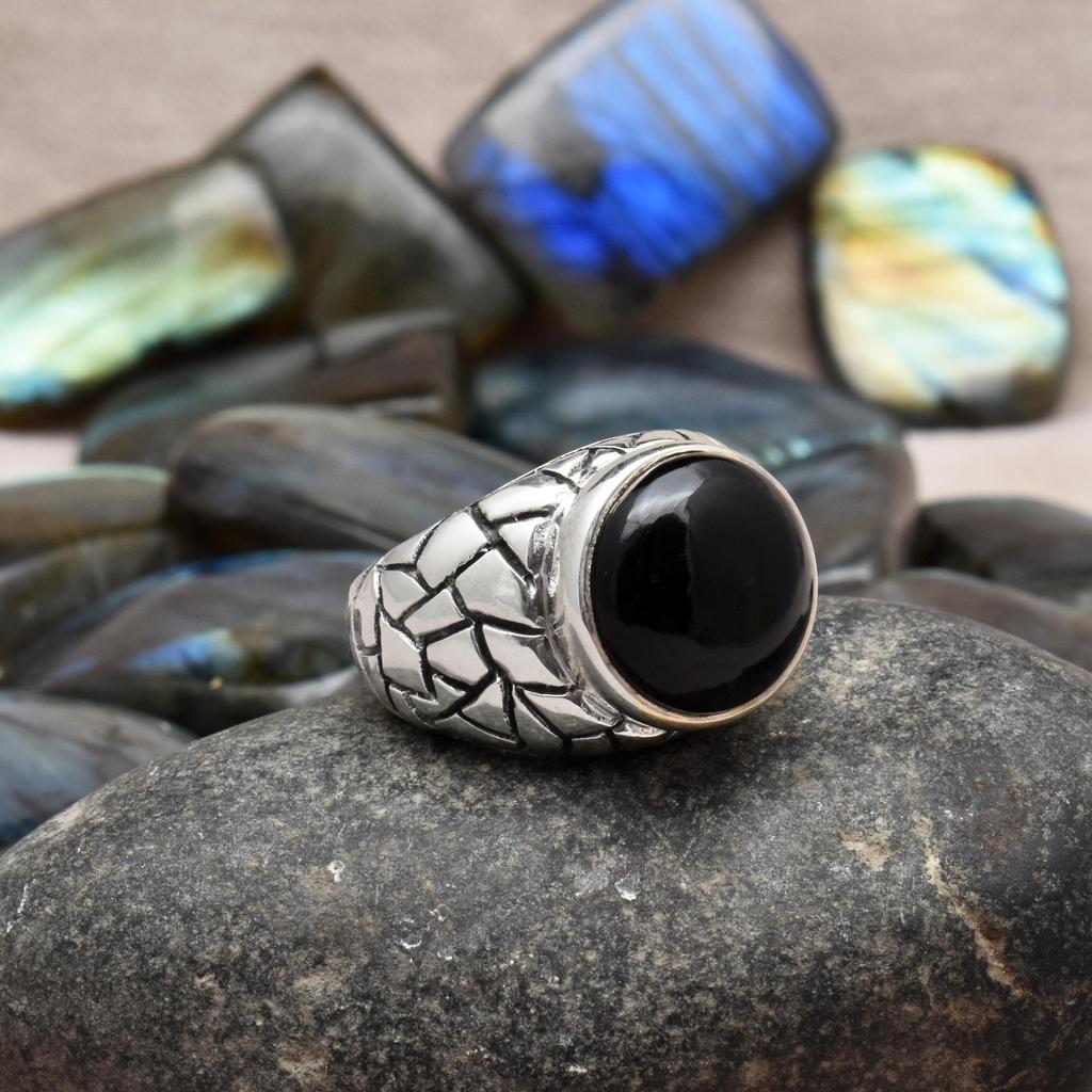 Statement Ring 925 Sterling Silver Natural Black Onyx Gemstone Handmade Engraved Wide Shank Men's Ring