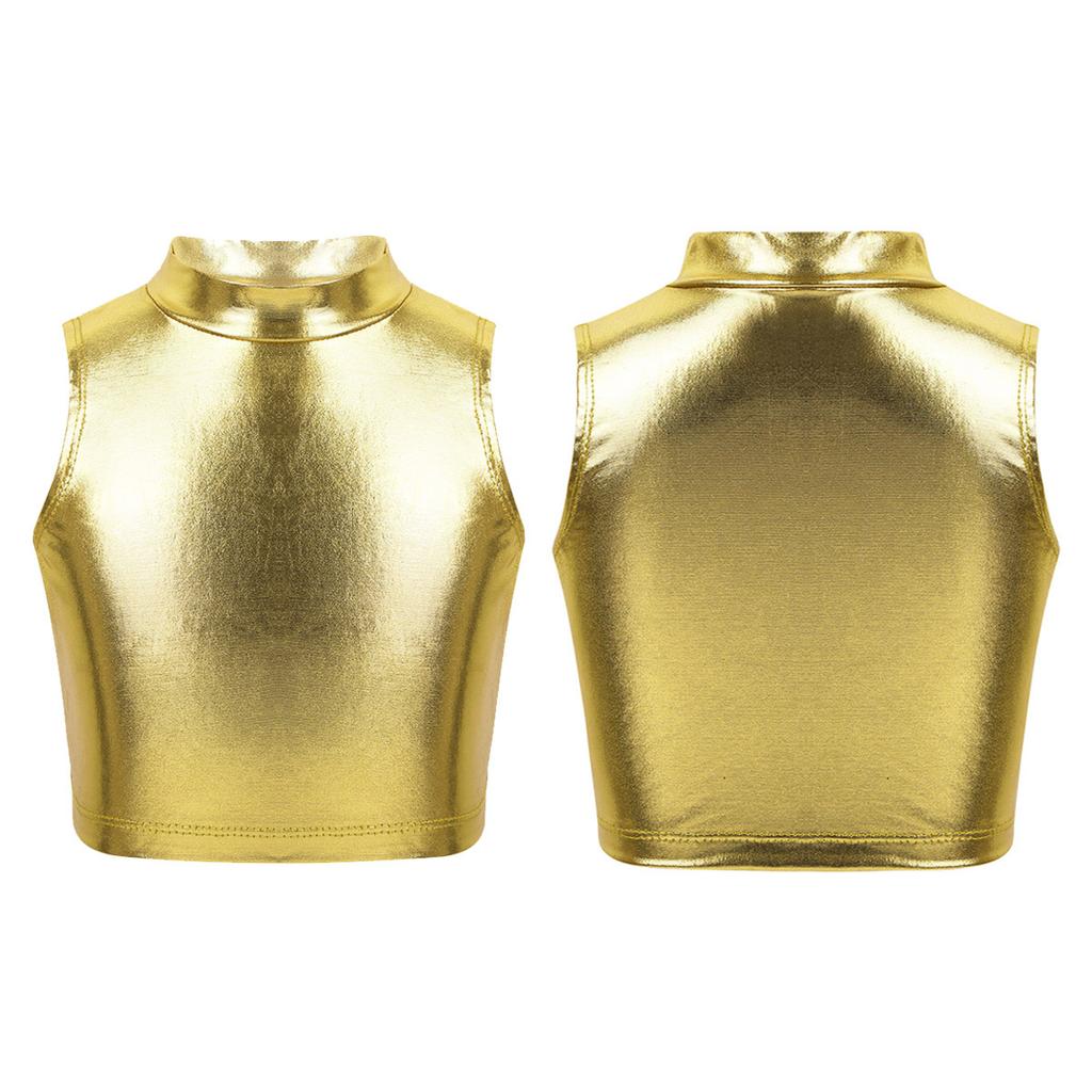 Детские укороченные топы на бретелях без рукавов цвета металлик для девочек для балета, танцев, выступлений на сцене, тренировок