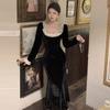 Women's French Temperament Lace Velvet Fishtail Dress