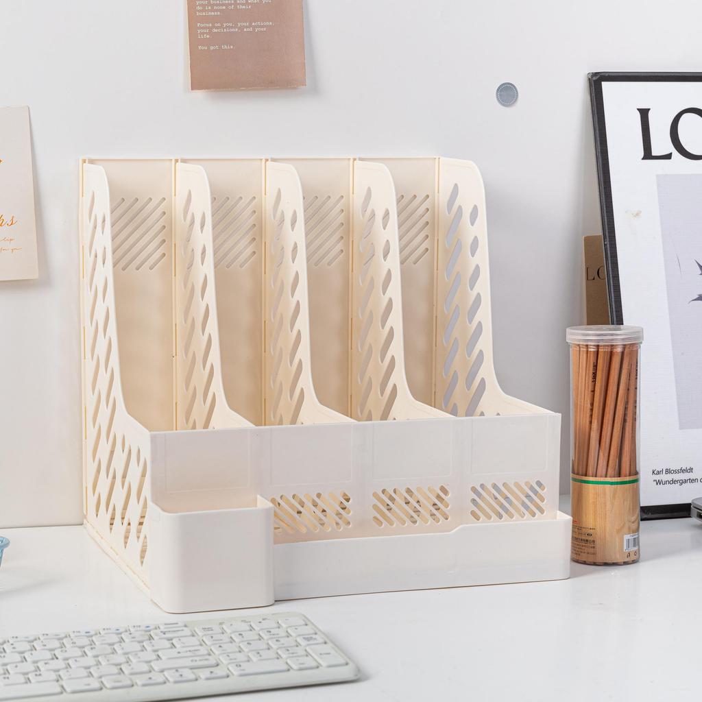 Четырехколончатый офисный стеллаж для документов с держателем для ручек Утолщенный настольный органайзер для хранения документов и канцелярских принадлежностей Эффективный рабочий аксессуар