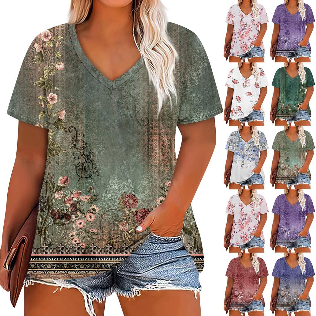 Women's Large Top V-Neck Printing Loose Short Sleeve T-shirt