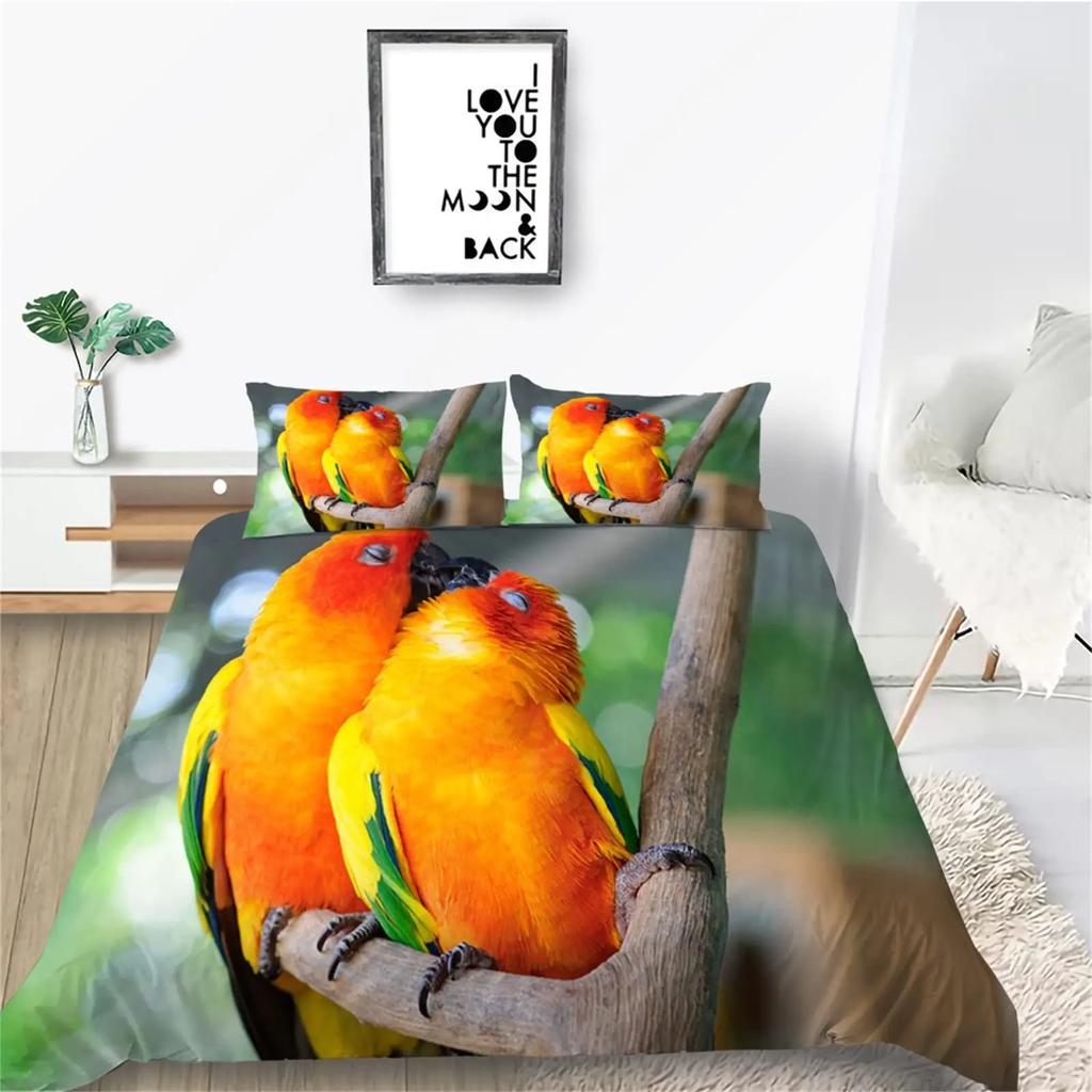 Пододеяльник Lunarable Parrots, реалистичные птицы на ветках, волнистый попугайчик и ара, декоративная тропическая дикая природа для комнаты взрослых