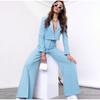 Elegant Short Top Pant Sets Women Spring Lapel Long Sleeve Button Crop Tops Female Set Wide Leg Pants Outfit