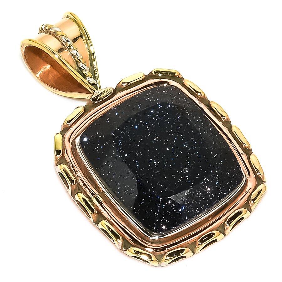 Натуральный синий солнечный камень двухцветный 925 пробы цельное стерлинговое серебро подарок кулон 1.50" c7m04