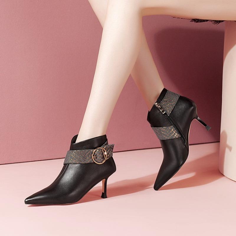 Fashion Ankle Boots Women New Elegant Pointed Toe High Heels Dress Shoes Thin Heels Booties Buckle Snake's Skin Winter Shoes Black