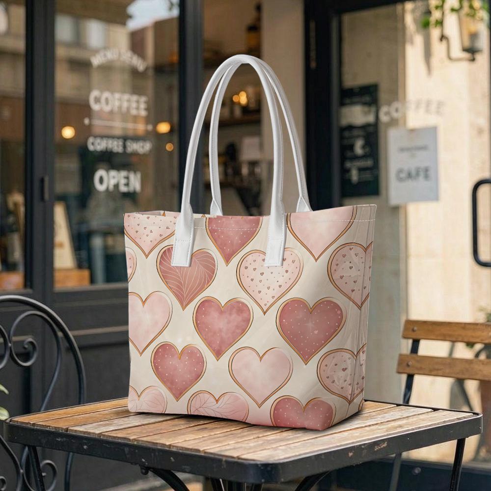 Romantic Pink Heart Print Tote Bag Fashion Versatile Portable Casual Shoulder Bag for Daily Outings