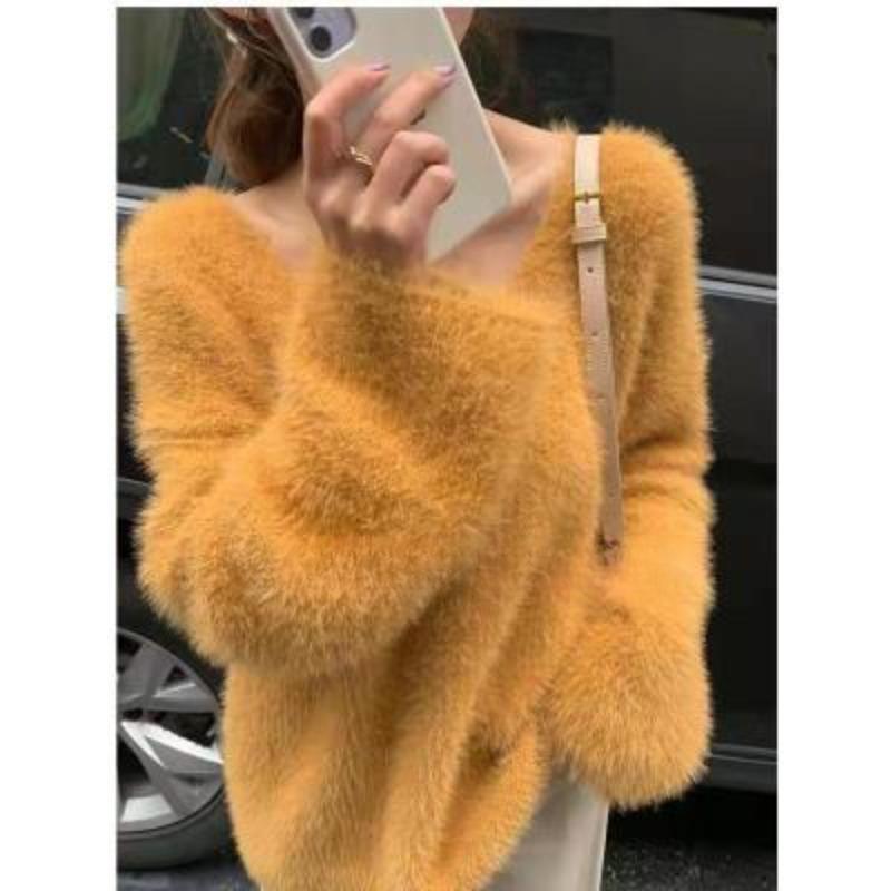 Новый модный теплый свитер из меха норки с V-образным вырезом для женщин, осенне-зимняя свободная верхняя одежда, трикотажные свитера, женские элегантные однотонные мягкие джемперы 24830